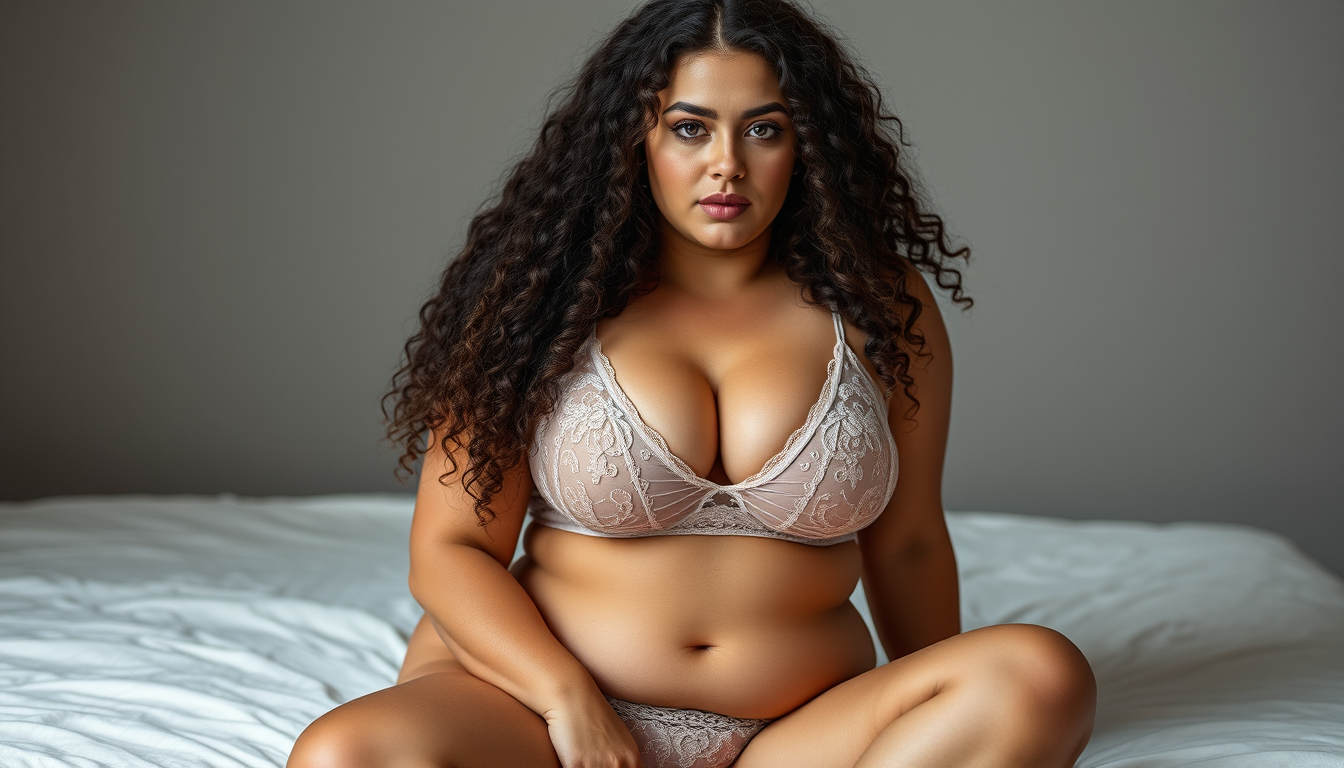Main art studio: Erstelle ein naturgetreues Bild von einer Curvy sexy Frau in durchsichtiger Unterwäche. In kompletter ansicht. So das sie mit offenen Beinen nach vorn