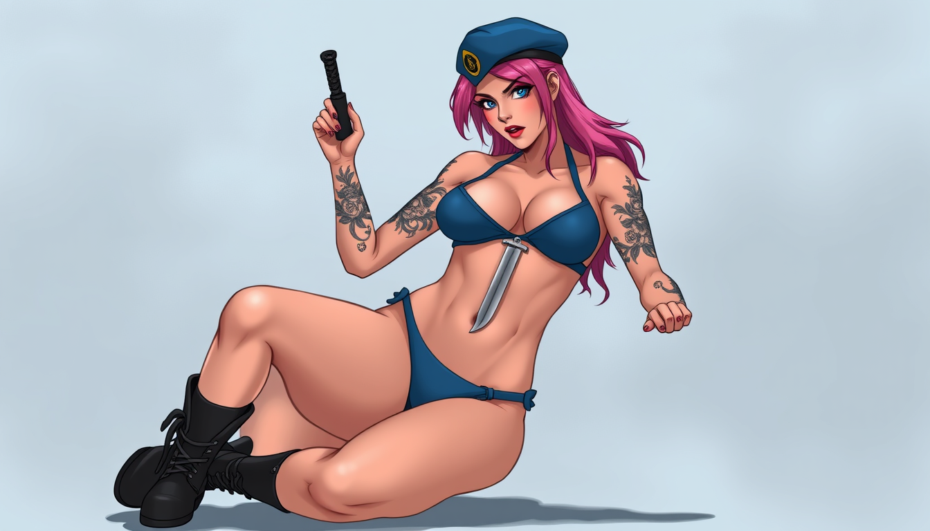 Main art studio: Jen is a very muscular tanned 35 year old woman with bright pink hair and black rose arm and leg tattoos wearing a blue two piece low cut thong bikini