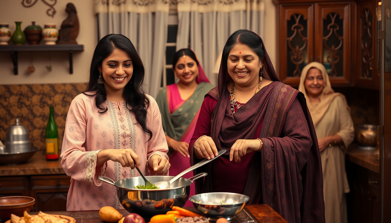 AI Art prompt example created from the prompt: Haya and Malika Begum happily cook together in a traditional Pakistani haveli kitchen. Haya wears pastel pink shalwar kameez, Malika wears d