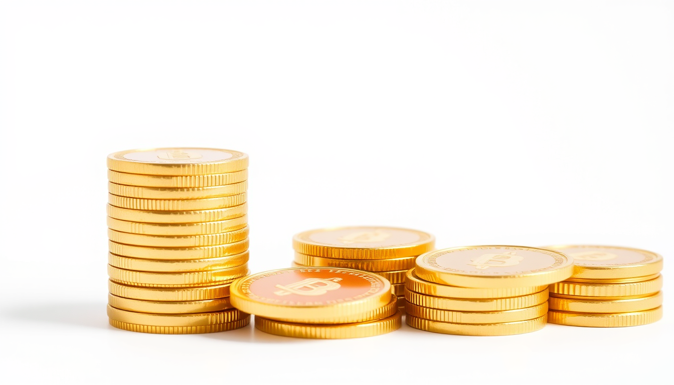 Main art studio: a stack of shiny gold coins on a clear white background