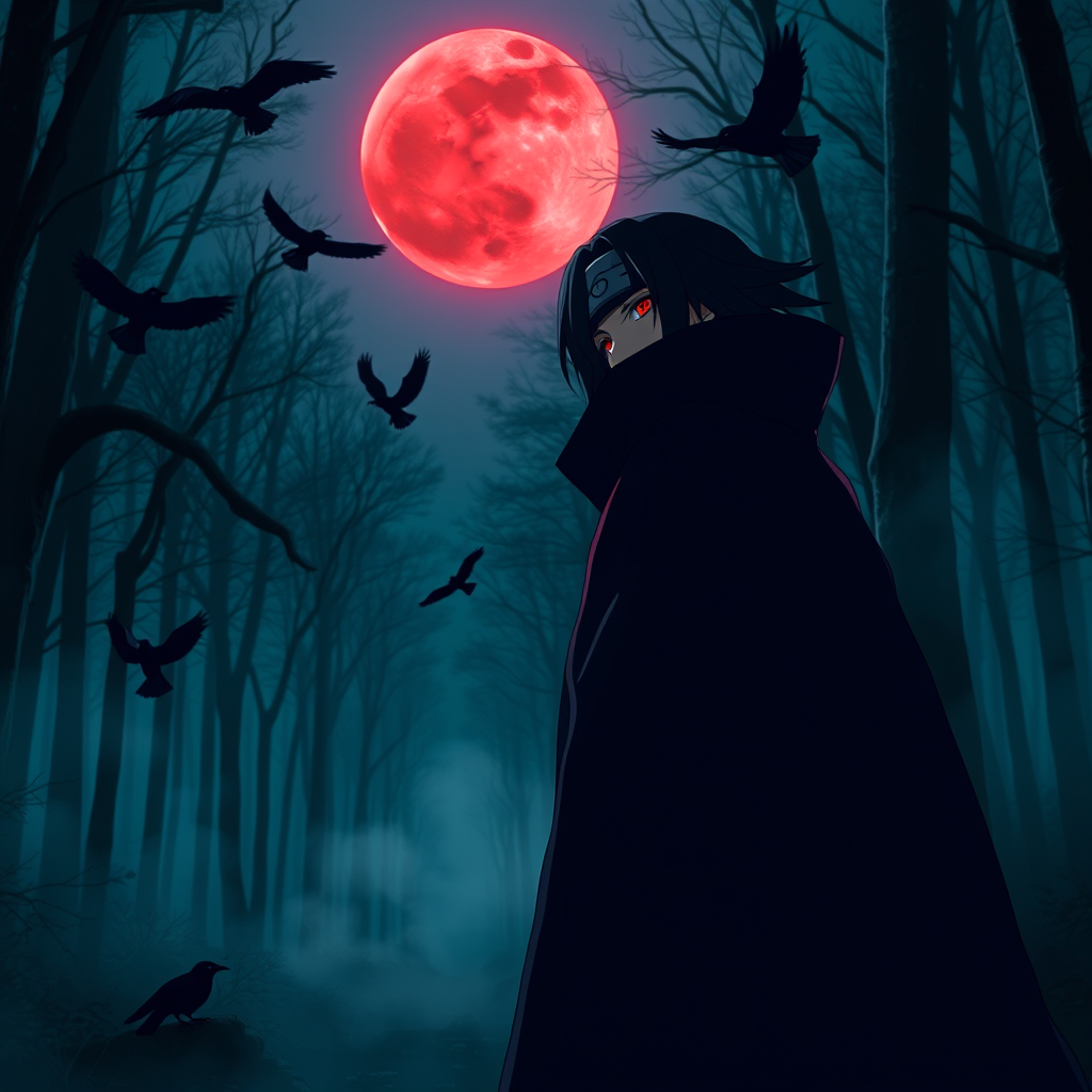 Main art studio: 1. Iconic Itachi Itachi Uchiha standing calmly in a dark forest at night, wearing his Akatsuki cloak and iconic scratched Konoha forehead protector cl