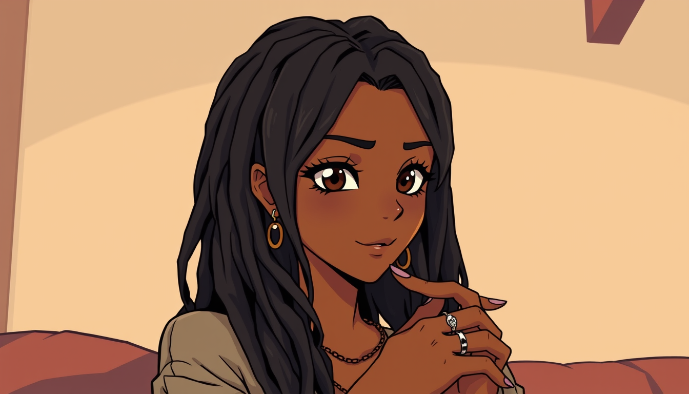 AI Art prompt example created from the prompt: anime style Black female character, black dreadlocks, dark brown eyes, cozy relaxed smoker stoner-adjacent vibe, wearing a wedding ring on o