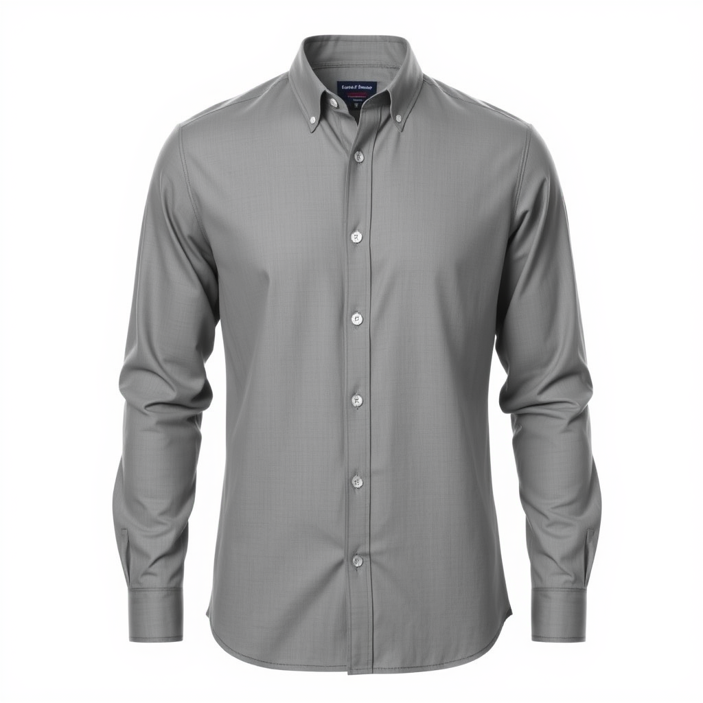 Main art studio: Premium men's grey full-sleeve Oxford button-up shirt, classic collar, visible buttons, front view, shirt only, no t-shirt, no person, no mannequin, c