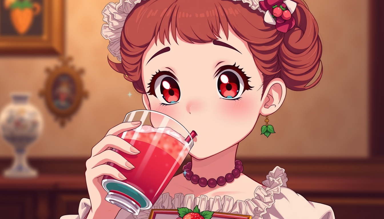VTuber Avatars idea: vtuber avatar, anime style bust, expressive eyes, streaming overlay ready, Victorian child drinking strawberry smoothie , clean vtuber character art