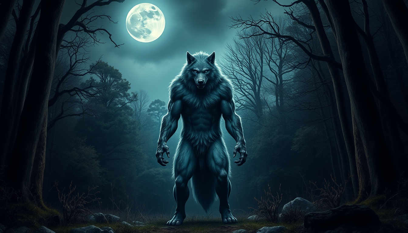 Main art studio: An upright, standing, muscular, fierce, and wild-looking King of Werewolves, Bedlam Blue, in a dense old oak forest, with a full moon above. Much fier