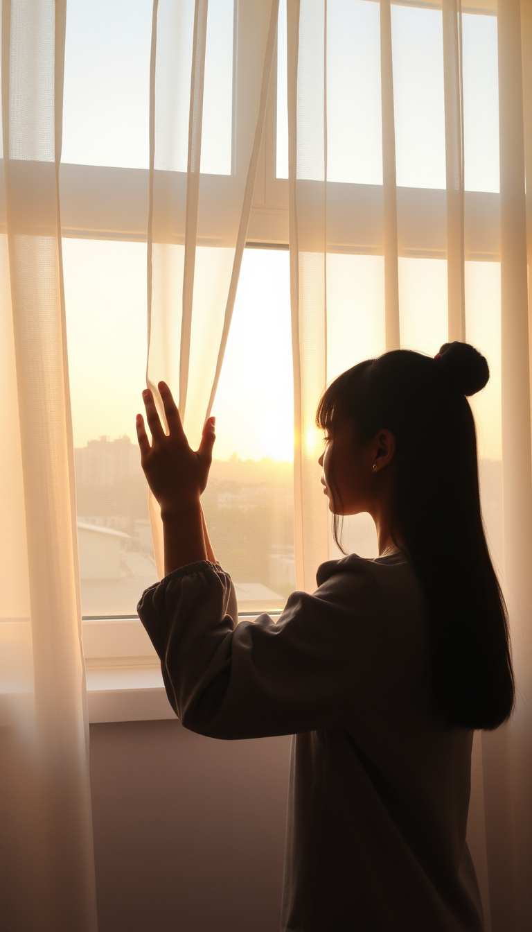 AI Art prompt example created from the prompt: A girl Opening the curtains with her hands early in the morning 🌅