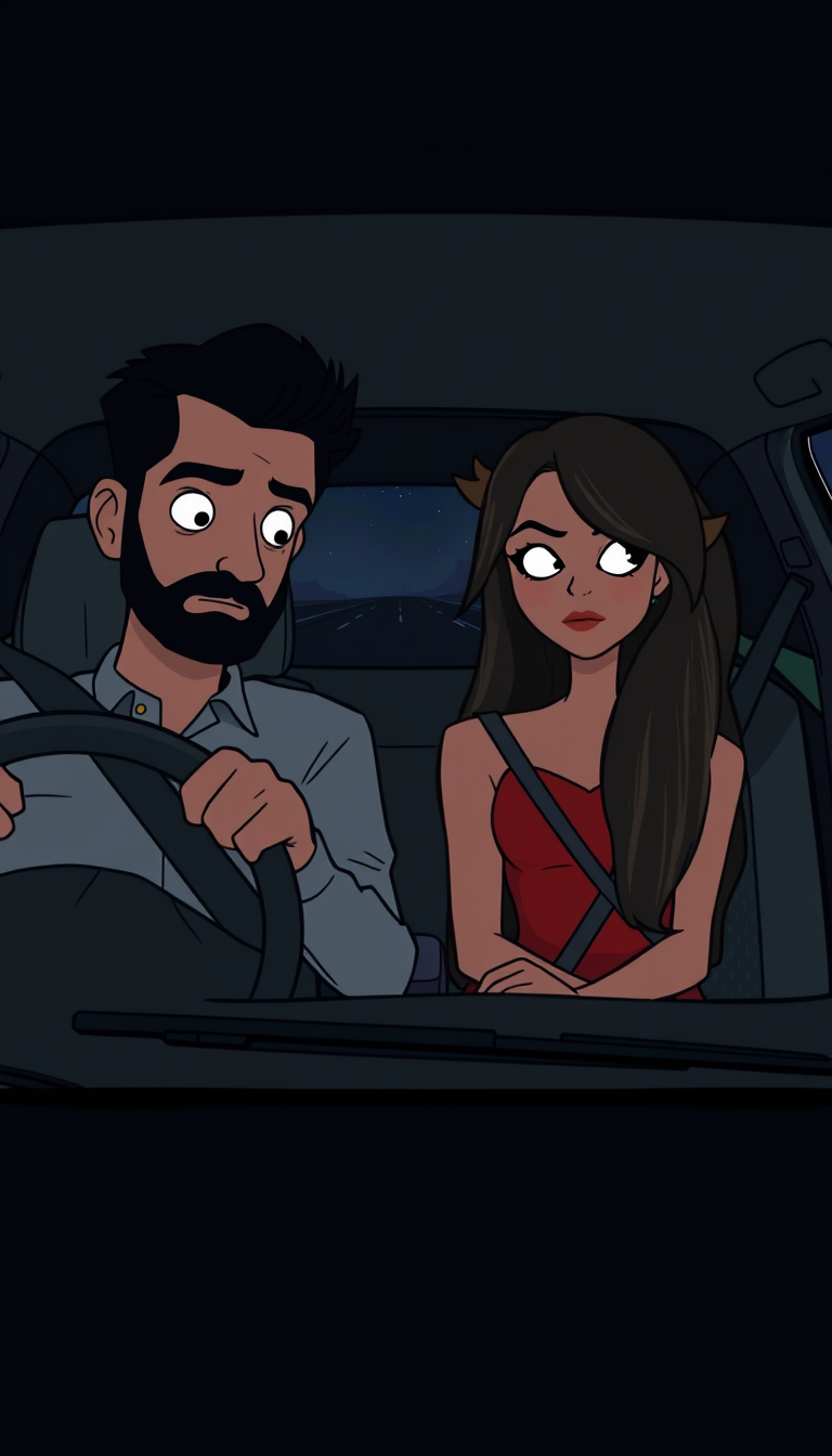 Main art studio: Sameer driving a car at night while Anaya sits silently in the passenger seat, Anaya wearing a red dress and looking mysterious, dark road visible thr