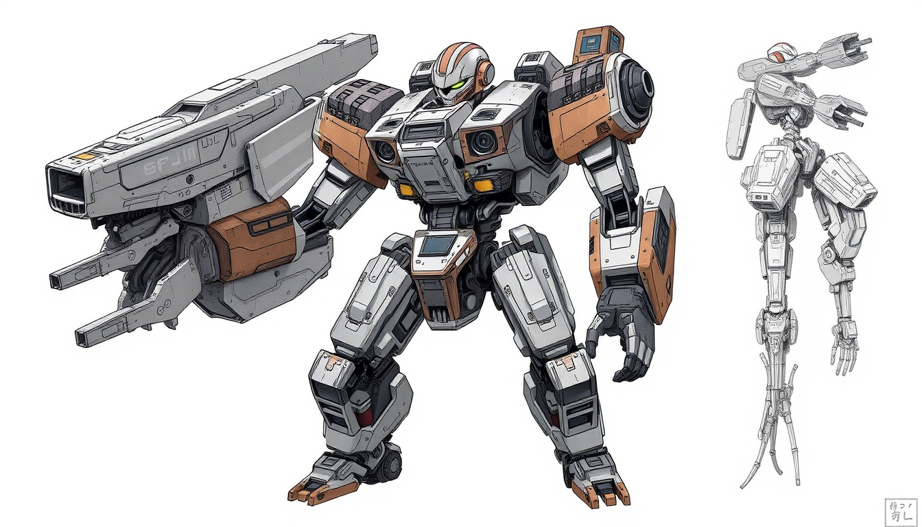 Robots idea: original robot concept art, mechanical detail, sci-fi design, バトルメックロボット、装甲板、肩キャノン、戦闘ダメージ , full-body robot illustration