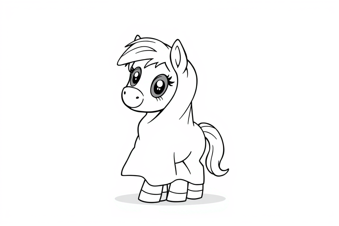 AI Coloring Page idea created from the prompt: black-and-white coloring page, bold clean outlines, large enclosed areas, no shading, Cute small pony wearing a loose ghost costume made fro