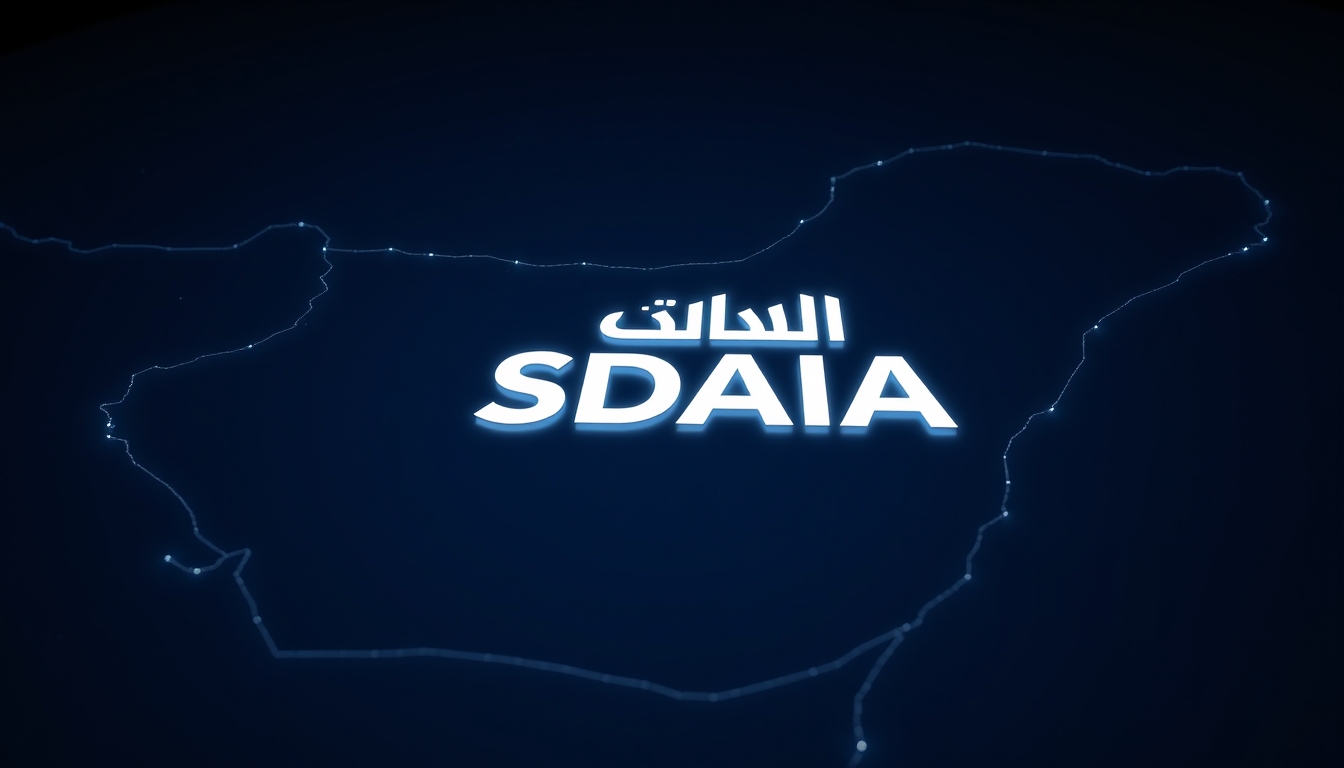 Main art studio: Saudi Arabia map at night with the SDAIA logo prominently displayed on it, dark blue sky, subtle glowing lights, futuristic AI atmosphere, professiona