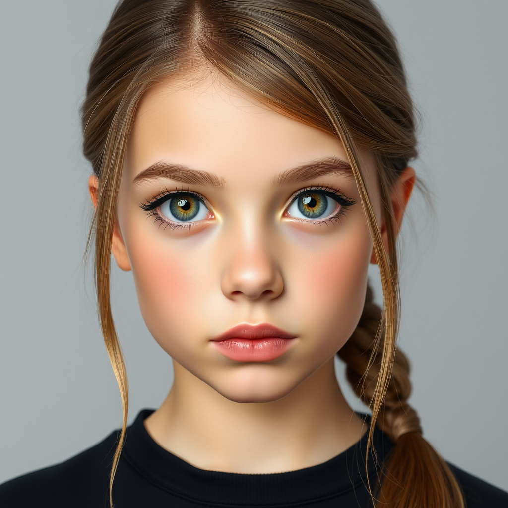 Main art studio: Create a highly detailed, realistic portrait of a young girl with fair skin and light brown hair. Her hair is styled in a sleek, low ponytail. She has