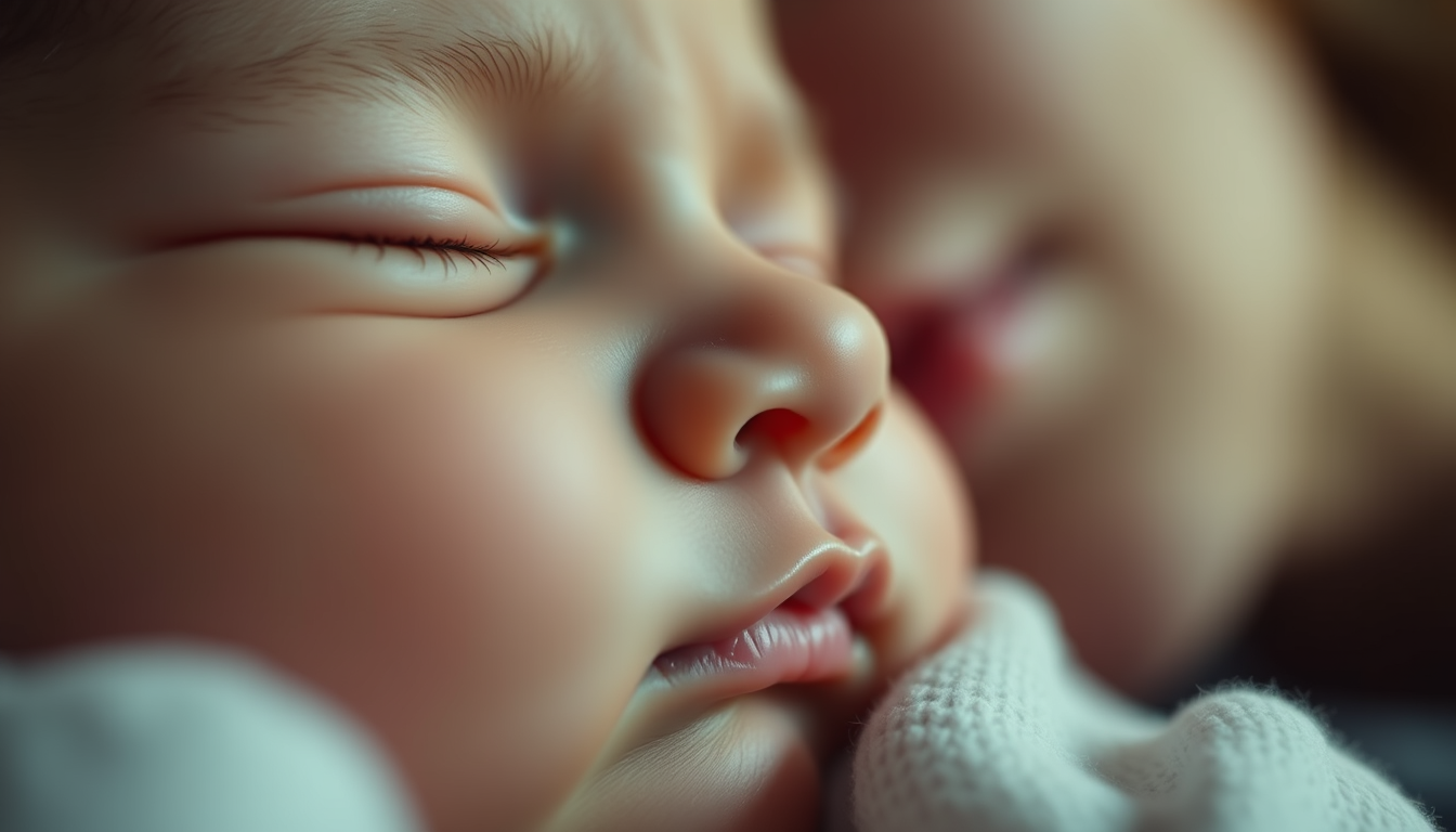 Main art studio: Extreme close-up of an adorable sleeping baby face, tiny cute nose and little smiling lips, mother lovingly looking at the baby, soft warm light, peac