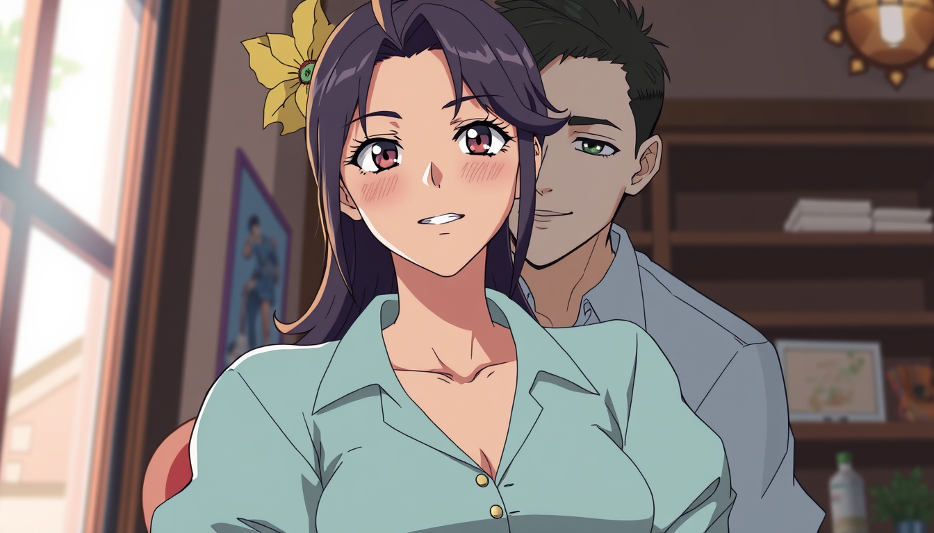 Main art studio: Mach mir eine Frau in Anime stylie und die Frau hat große brüste und ein Mann küsst sie