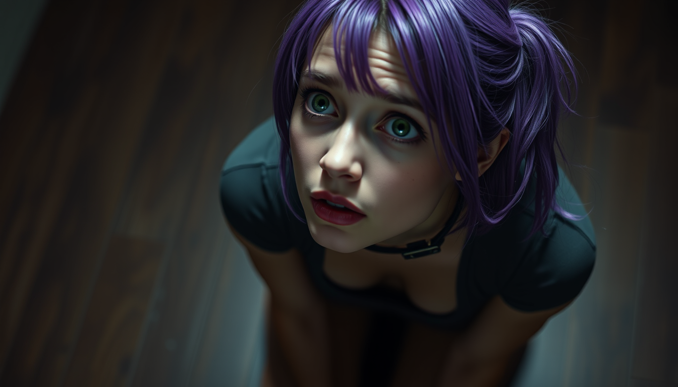Main art studio: Same woman, purple-violet hair pulled back, green eyes wide and wet, looking up from knees on dark hardwood floor. Collar around neck, small tag. Tigh