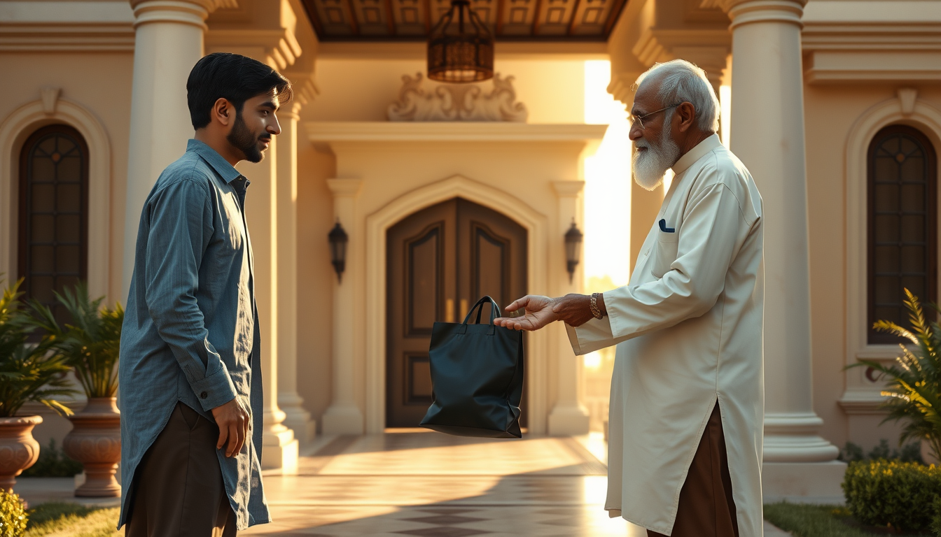 Main art studio: Same young Indian boy Aman wearing the same faded blue shirt and dark brown pants, standing at the entrance of a large elegant Indian house in the mor