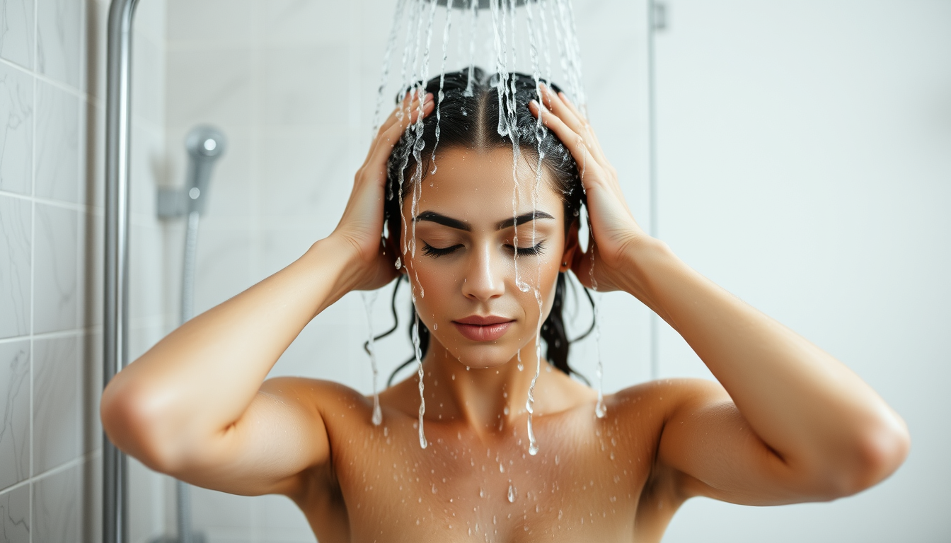 Main art studio: image of woman showering. show the front of the woman. make it show her front from top to bottom