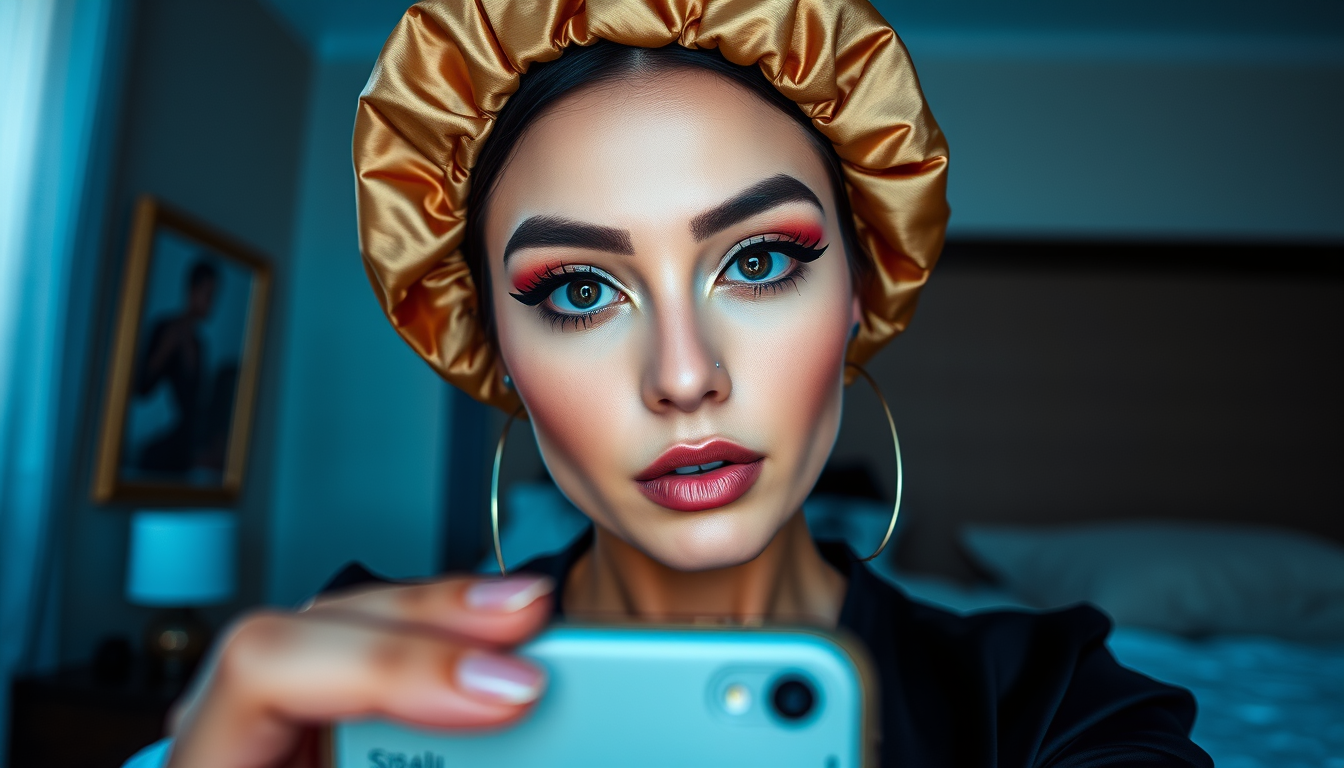 Main art studio: Photorealistic indoor portrait, adult woman posing in a bedroom, satin bonnet, dramatic winged eyeliner, black outfit, low-angle perspective, direct e