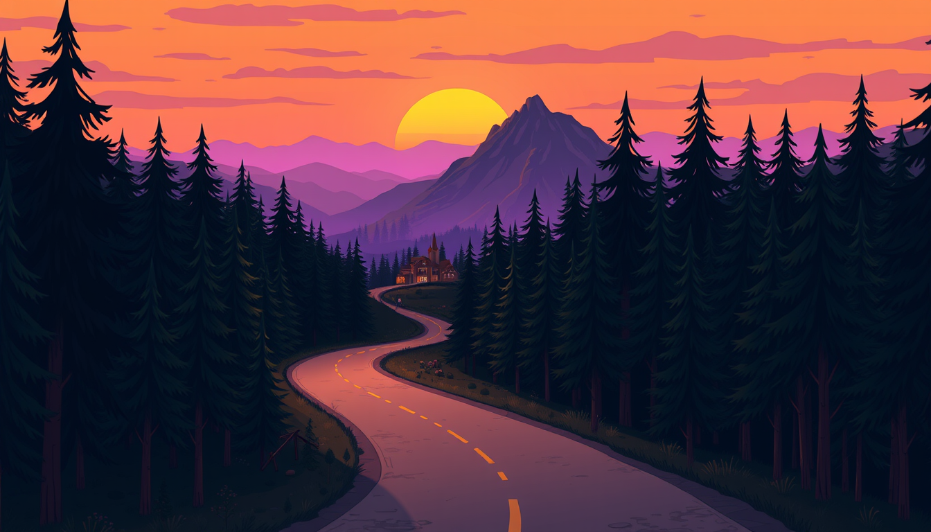 Main art studio: Wide 16:9 frame from a mysterious 2D animated adventure cartoon. A winding road leads through a dense pine forest toward a small isolated mountain tow
