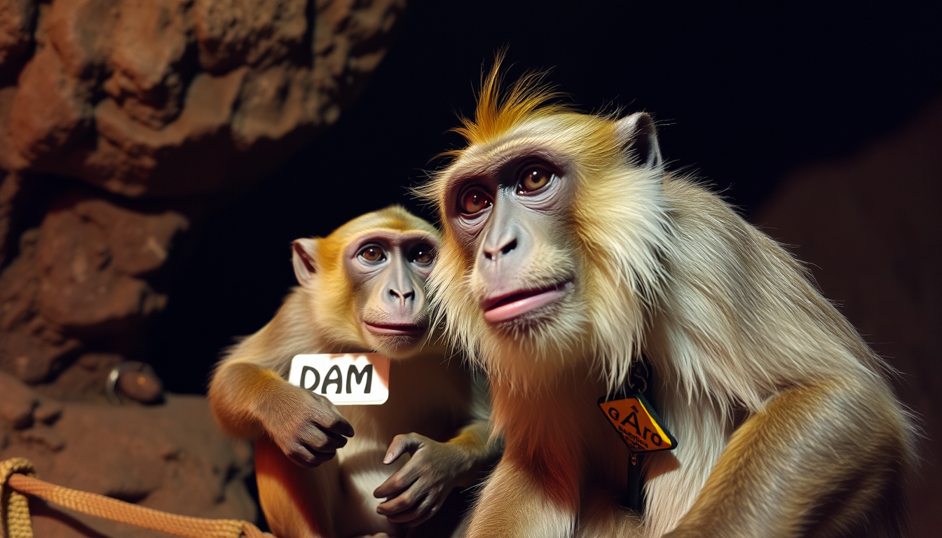 Main art studio: monkey with nametag ADAM with his owner ipan .ipan is drunk /give ipan nametag theyre in cave