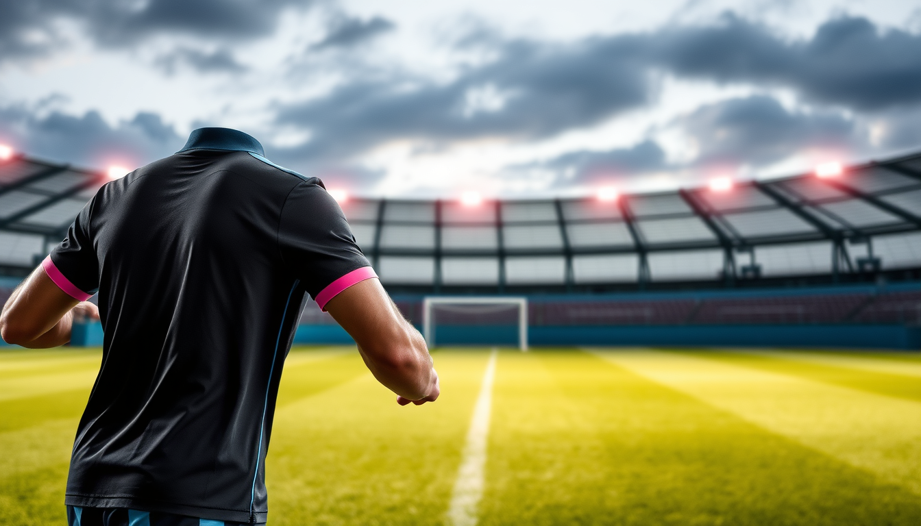 Main art studio: Polo de futbol negro mate, con una franja cruzada de arriba izquierda a abajo derecha que va de un azul eléctrico a un rosa fucsia, mangas y cuello co