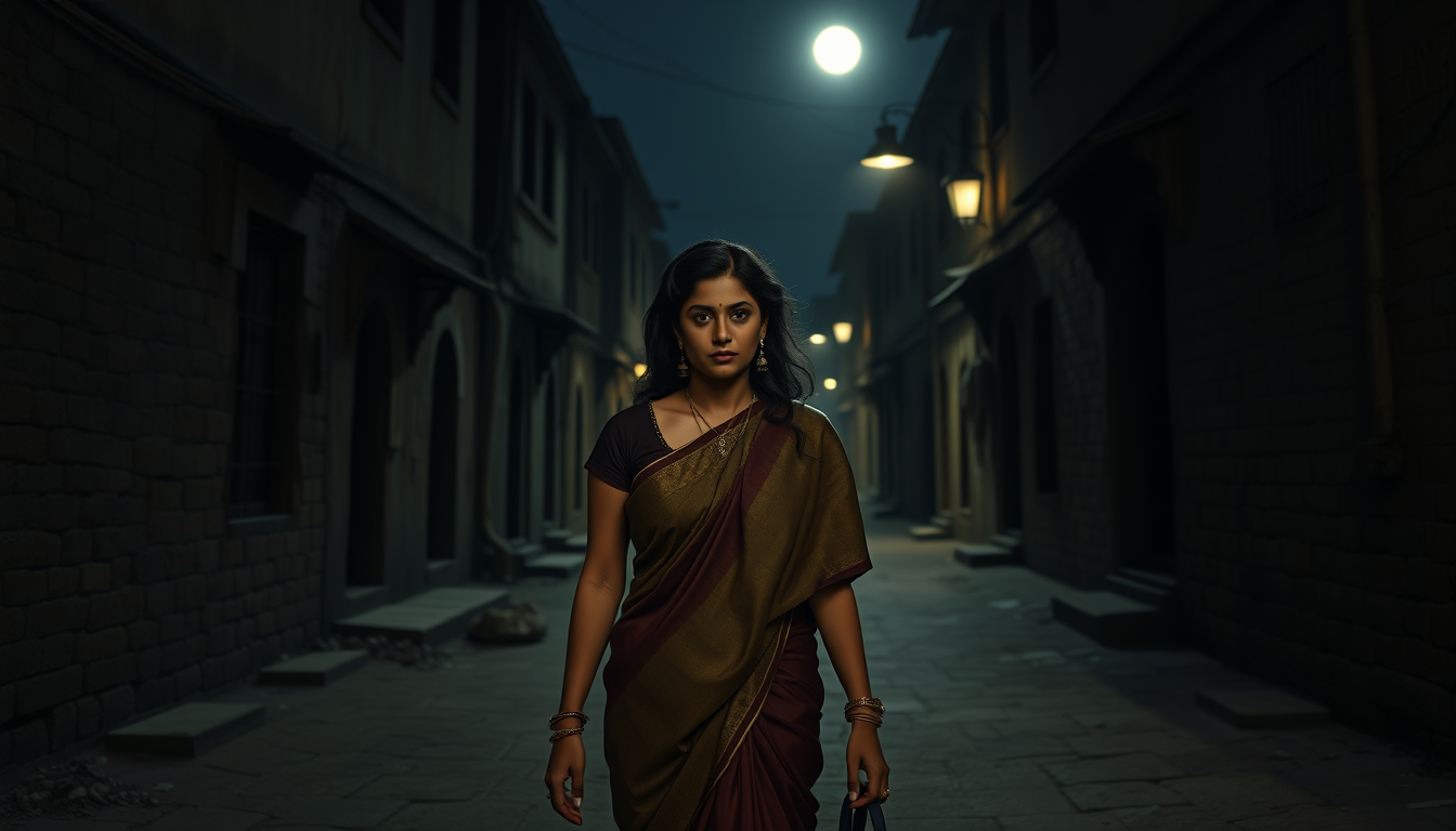 Main art studio: Ultra photorealistic cinematic 4K historical scene, Neera Arya walking alone through a deserted 1940s Indian street at night, same face and traditiona