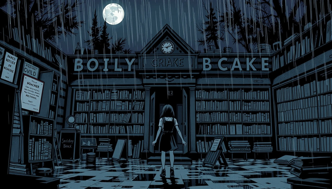 Main art studio: A mysterious abandoned bookstore on a rainy night, a teenage girl standing at the entrance, dim moonlight, dark cinematic atmosphere, detailed graphic