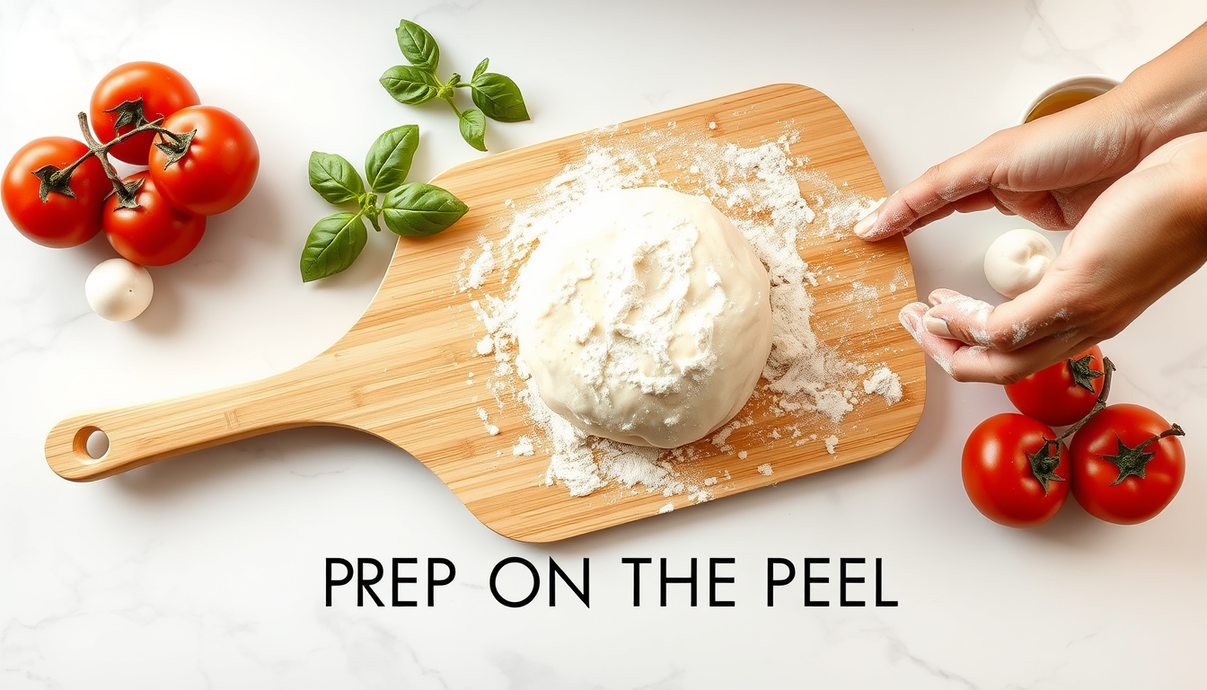 Main art studio: Use the attached reference photos as the exact product: a natural light-golden bamboo pizza peel, 19.5 in long and 11.5 in wide, with a wide rounded p