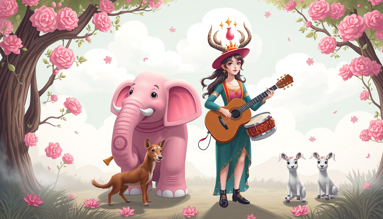 AI Art prompt example created from the prompt: 🩷 Pink 🐘 Elephant 🪈 Flute 🎎 Madame 🎎 Gazelle 🎸 Guitar 🐕‍🦺 Dog 🥁 Drums