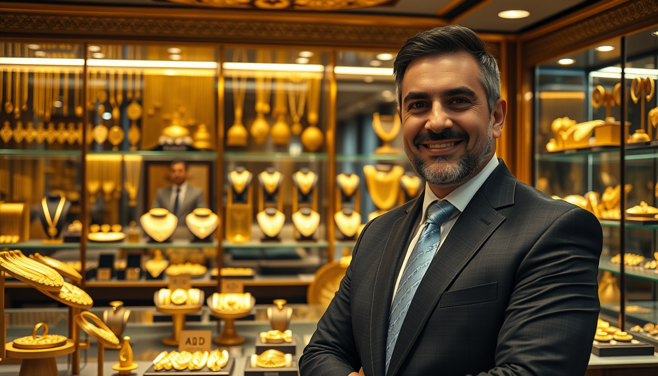 Main art studio: "A luxurious gold shop interior with modern Persian design, showcase full of glowing gold jewelry, necklaces, rings, and coins, a professional portrai