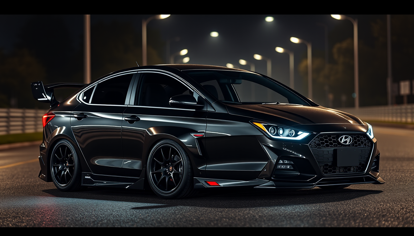 Main art studio: 2020 Hyundai Accent sedan, aggressive street build, lowered suspension, wide body kit, gloss black paint, black roof, front splitter, side skirts, rea