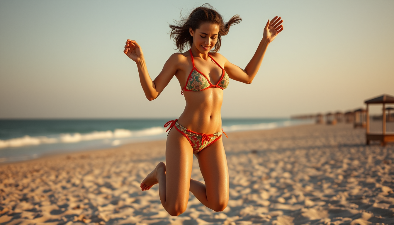 Main art studio: Make a stunning femenine girl in an bikini on a beach do jumping jacks and make her sweaty from the heat and work out
