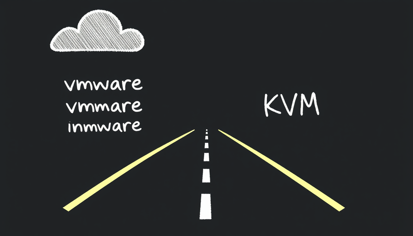 Main art studio: Bitte ein Bild, das die Migration von VMware nach KVM im Rechenzentrum symbolisiert, z. B. über einen Gang im RZ. vmware als Ausgangspunkt und KVM als