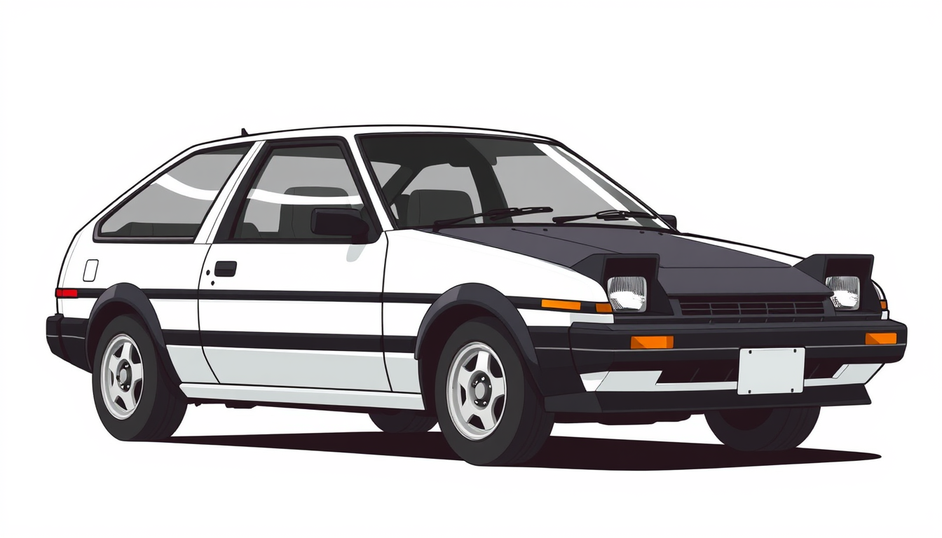 Main art studio: Classic 1980s Japanese Toyota Sprinter Trueno AE86 hatchback, two-tone white and black body, black hood, pop-up headlights, iconic black-and-white pan