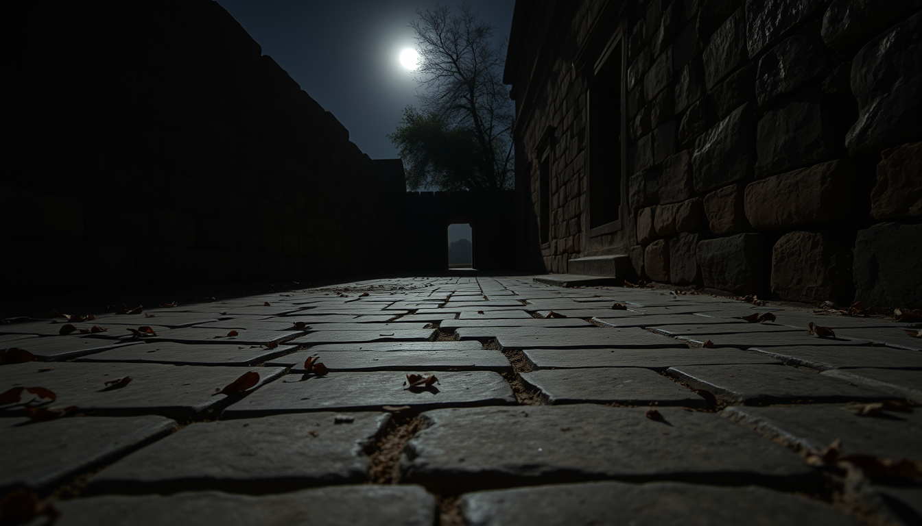 Main art studio: Close-up of an empty ancient stone pathway inside Bhangarh Fort at night, weathered sandstone floor, scattered dry leaves, moonlight and long shadows,
