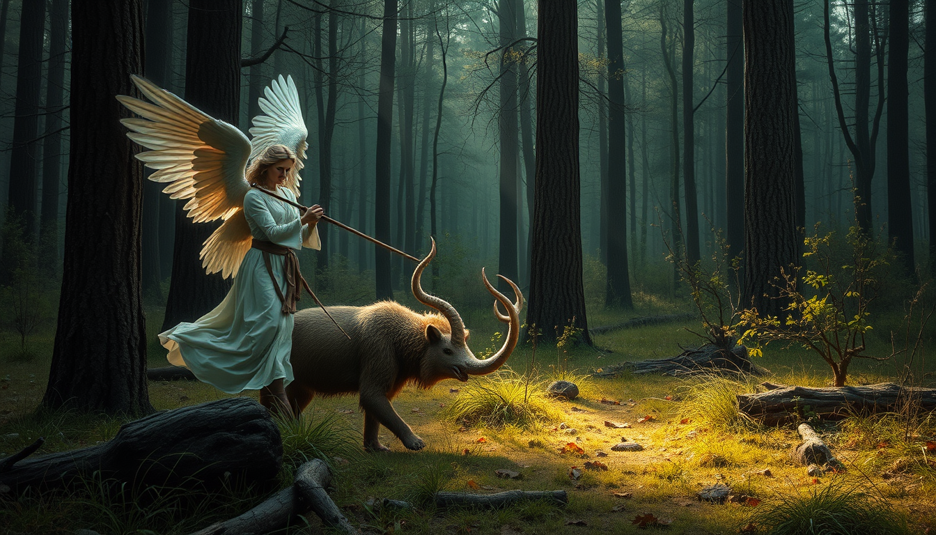 Main art studio: Angel hunting a mundane beast in a woodland