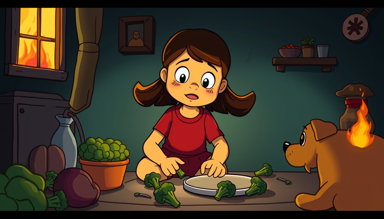 Main art studio: With the picture you just made make a short video about a girl who lies to her mom about eating her broccolis but actually gives them to her Dog then 
