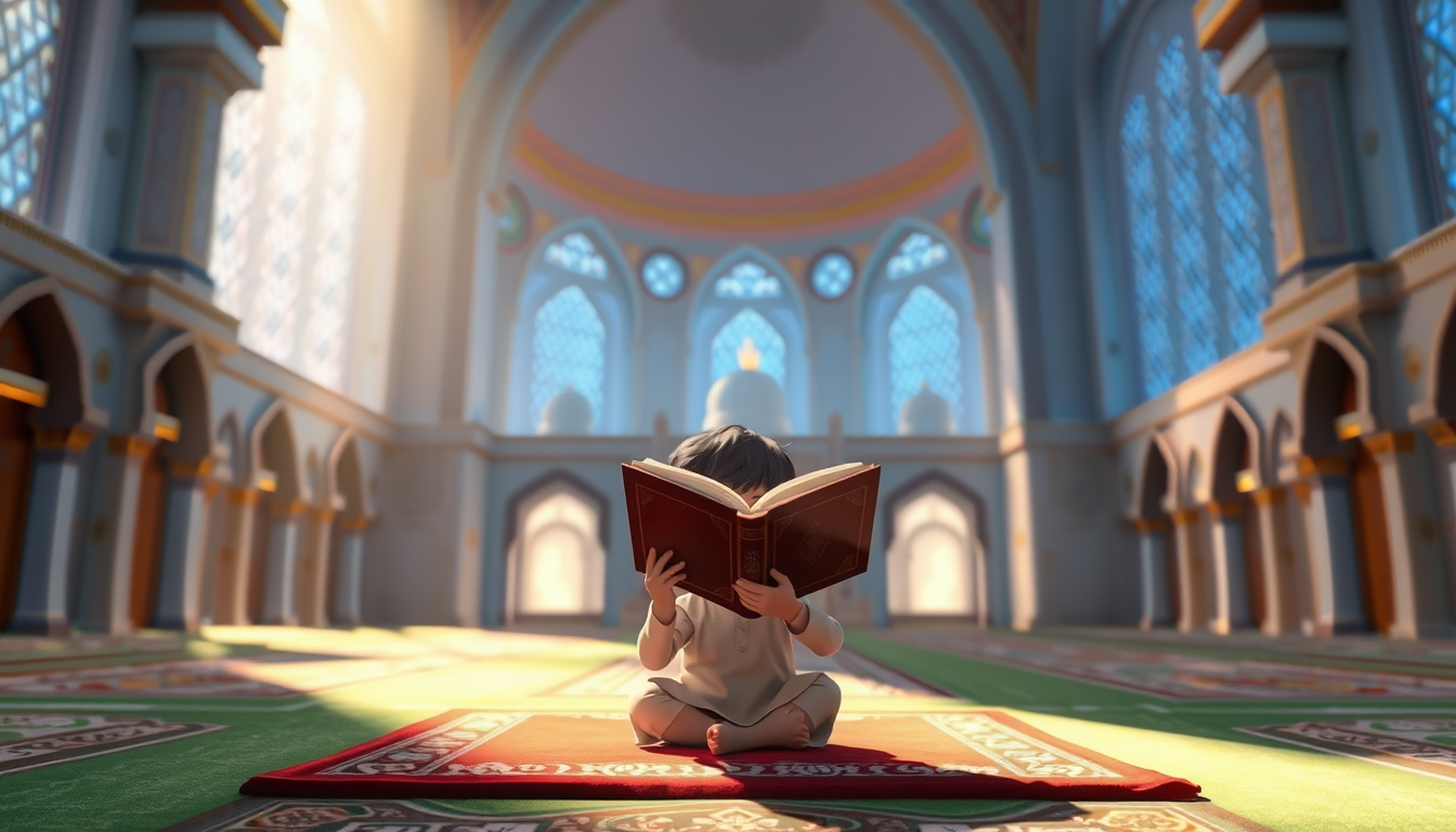 Main art studio: The same boy reading Quran inside the mosque after prayer, sitting peacefully on a prayer mat, beautiful mosque interior, cinematic soft lighting, 3D 