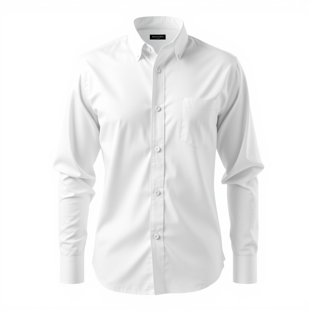 Main art studio: Premium men's white full-sleeve formal button-up shirt, classic collar, visible buttons, front view, shirt only, no t-shirt, no person, no mannequin,
