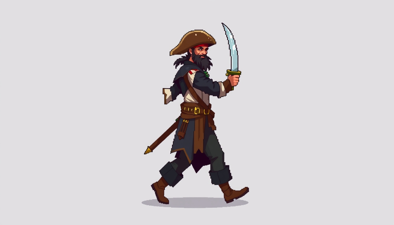 Main art studio: make me a 16 bit pirate with a sword in hand.I want to have a side view i want him to be facing to the right soi can see his elbow of him and make 4-6