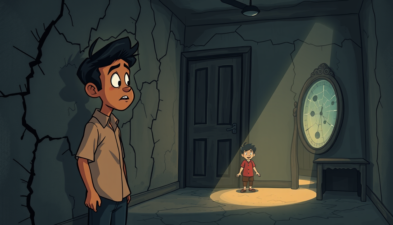 Main art studio: 2D Indian television horror cartoon animation, same young Indian man Raghav standing frightened beside an old cracked wall inside the abandoned room,