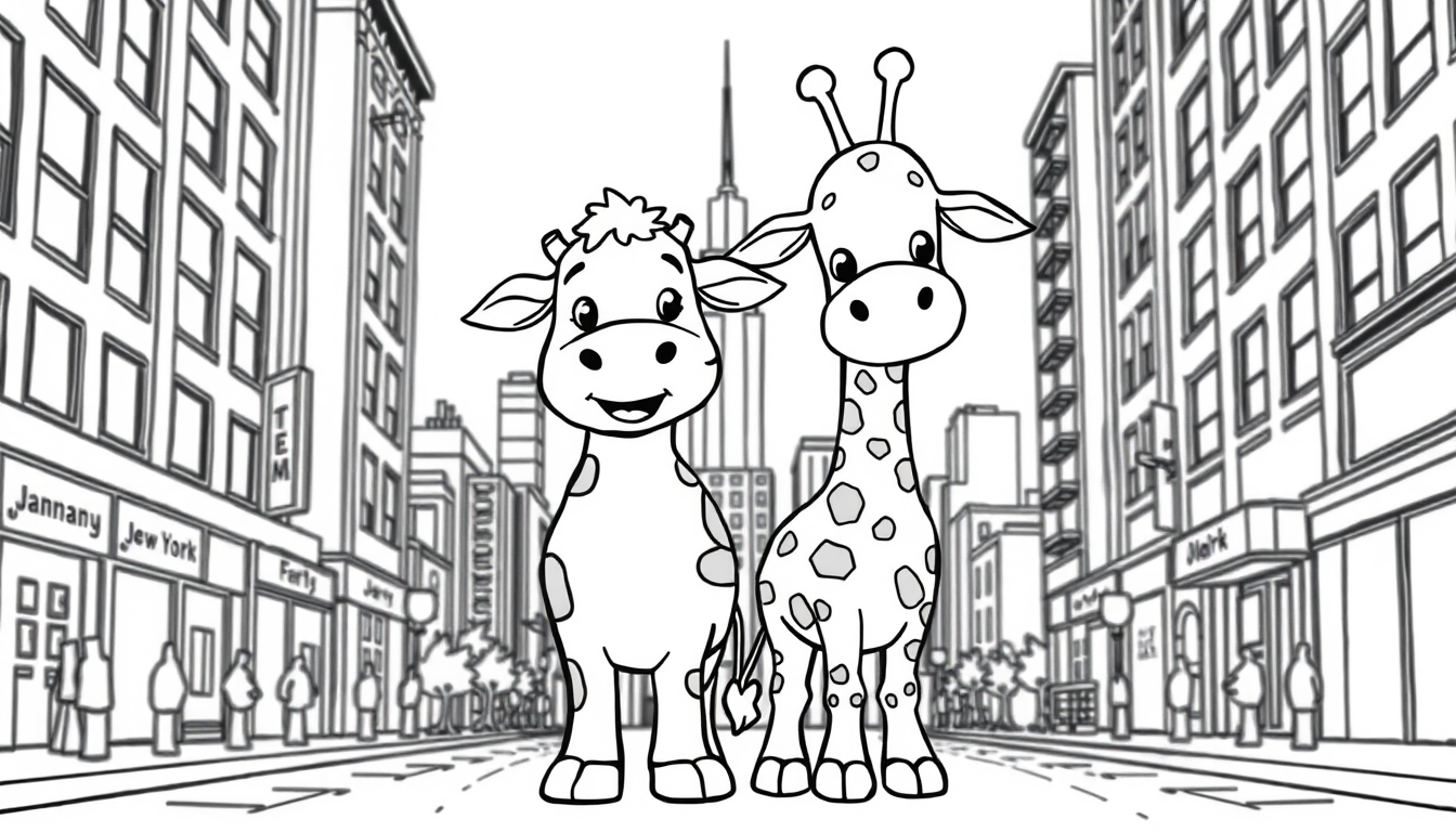 AI Art prompt example created from the prompt: A cute children's coloring book page featuring a friendly cow, a happy giraffe, standing together in a citz like new york. Black and white l
