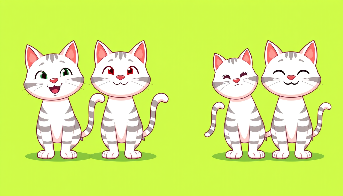 Main art studio: 4 identical white cartoon cats with gray stripes, same size and proportions. Full body, standing naturally on all four paws, exactly one tail each. On