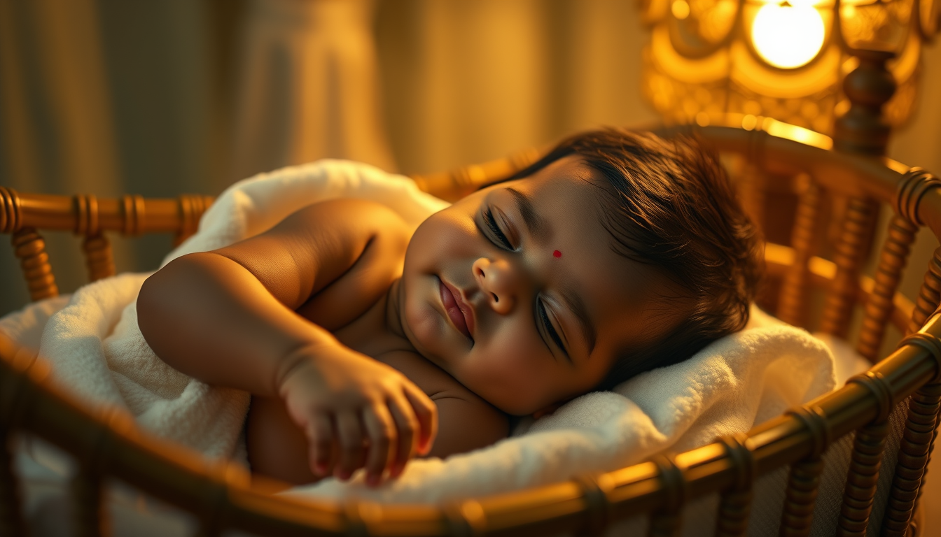 Main art studio: Close-up of an adorable sleeping Tamil baby lying comfortably in a beautiful traditional cradle, soft white blanket, tiny smile, peaceful innocent fac