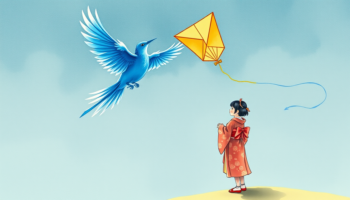 Main art studio: Magical transformation of the kite into a bright blue bird with feathers, mid-air, with dynamic brushstrokes and watercolor blending. The little Japan