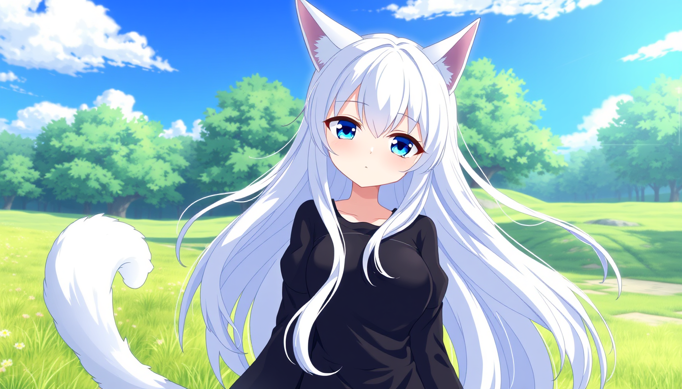Main art studio: Anime girl with long silver-white hair, blue eyes, white cat ears, a fluffy tail, and a black outfit, standing outdoors in a sunny green landscapeis h