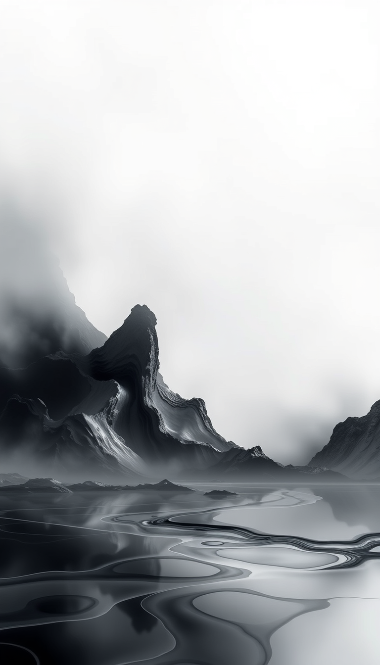 Wallpapers idea: wallpaper artwork, wide atmospheric scene or bold pattern, high detail, Minimalist gray and black and white liquid glass wallpaper one UI 9 , desktop 
