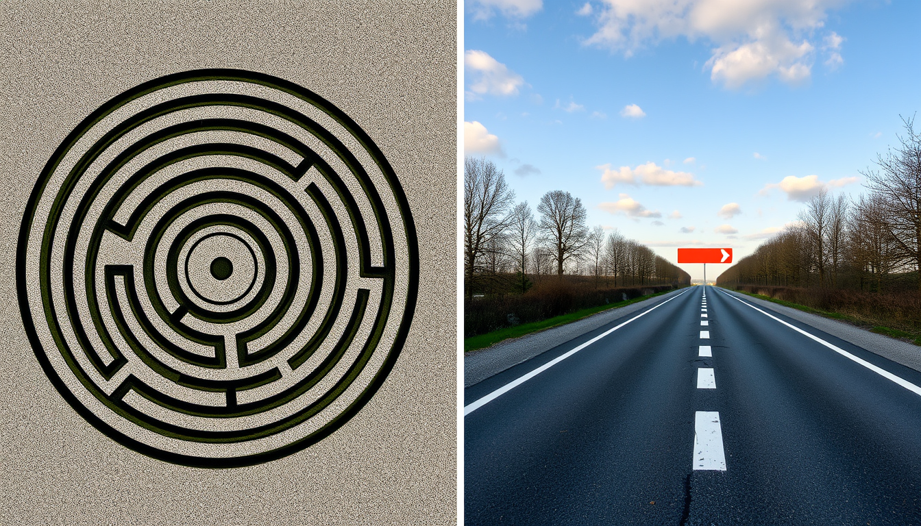 Main art studio: Kannst du mir folgendes Bild generieren: Das Labyrinth vs. die gerade Straße: Links ein verwirrendes Labyrinth (kompliziert), rechts eine asphaltierte