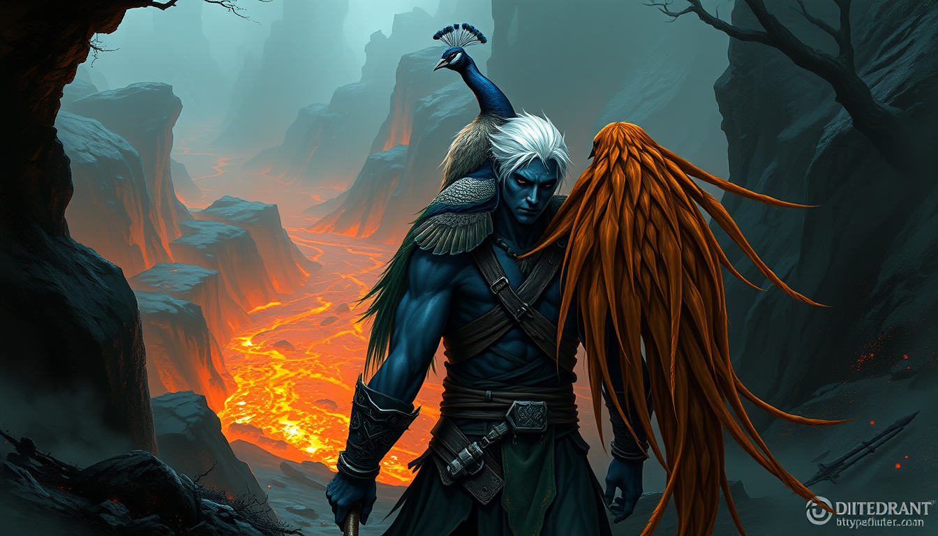 Main art studio: a white haired dark skinned male drow warrior and a male drow warrior with orange-white speckled, long hair and dark skin are walking through the unde