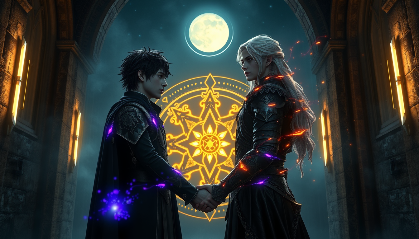 Main art studio: Cinematic dark fantasy scene inside Astraeum Academy at night. Fiero Ravenshade, a 16-year-old prince with messy black hair, pale skin and violet eyes