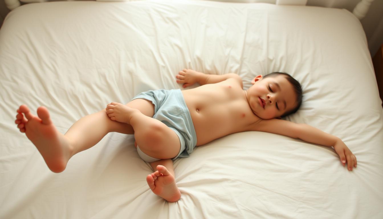 Main art studio: boy spread out wide sleeping on bed no clothes/underwear feet facing camera sweating no clothes